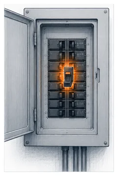 Stage 3 diagram showing a home electrical panel with the AC breaker tripped.