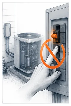 Stage 4 diagram showing a hand reaching toward an AC breaker with a warning symbol indicating it should not be repeatedly reset.