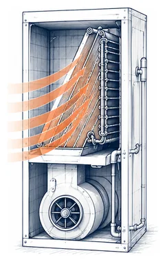 Stage 1 diagram showing warm indoor air reaching the evaporator coil before freeze-up begins.