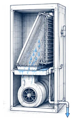 Stage 3 diagram showing moisture condensing on the coil and draining away.