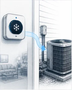 Stage 1 diagram showing a thermostat calling for cooling and sending a signal to the outdoor AC unit.