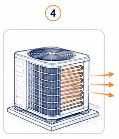 Stage 4 diagram showing the outdoor condenser releasing heat.