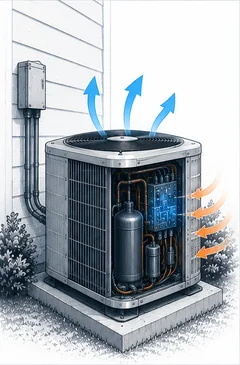 Stage 2 diagram showing the outdoor air conditioner starting and moving heat normally.