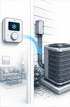 Stage 1 diagram showing a thermostat calling for cooling and sending a signal to the outdoor air conditioner.