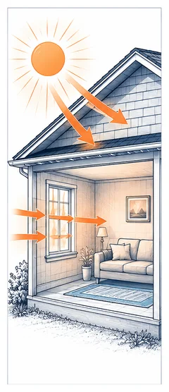 Stage 1 diagram showing outdoor heat entering a home through the roof, walls, and windows.
