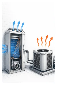 Stage 2 diagram showing an air conditioner removing indoor heat and transferring it outdoors.