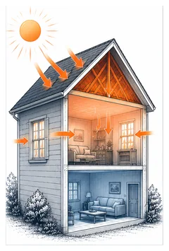Stage 1 diagram showing heat entering a home through the roof, attic, walls, windows, and daily living conditions.
