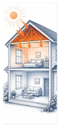 Stage 1 diagram showing sun heating the roof and attic above an upstairs room.