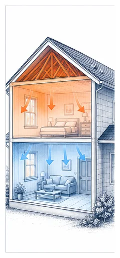 Stage 2 diagram showing heat moving from the attic into the upstairs living space.