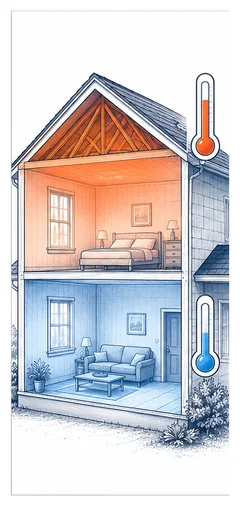 Stage 4 diagram showing an upstairs area remaining warmer while downstairs stays cooler.