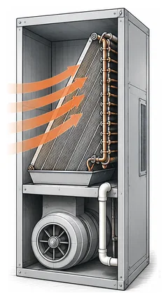 Stage 1 diagram showing warm humid indoor air reaching the evaporator coil.