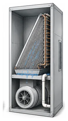Stage 2 diagram showing moisture condensing on the cold evaporator coil.