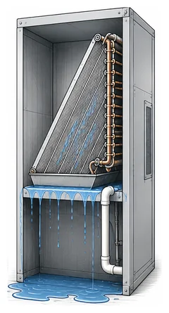 Stage 4 diagram showing a blocked condensate drain overflowing around indoor HVAC equipment.
