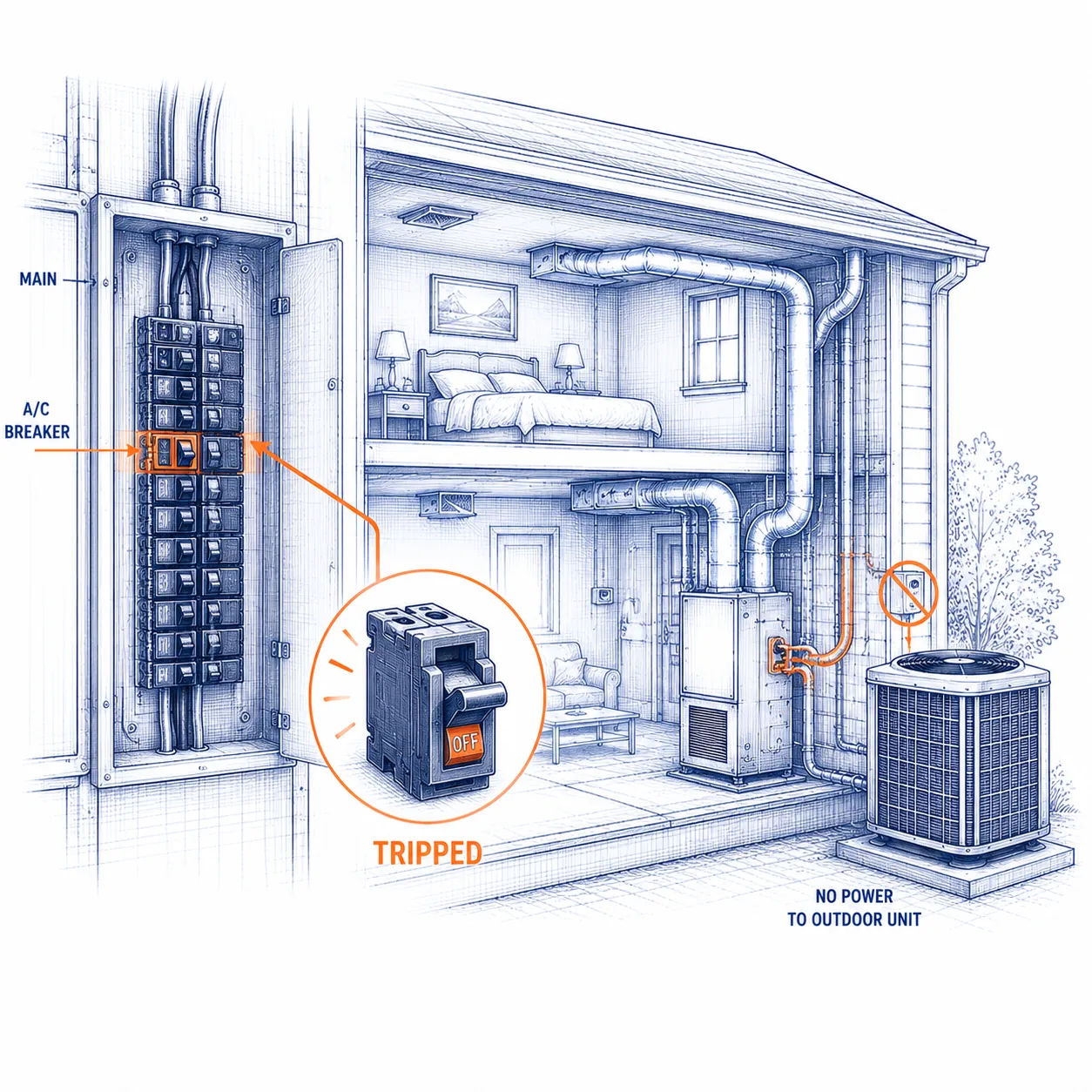 Blueprint-style educational diagram showing a residential air conditioning system connected to an electrical panel with a tripped AC breaker.