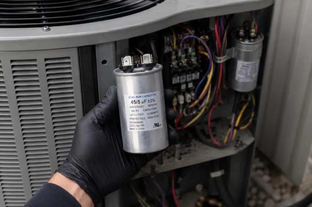 Failed dual run capacitor beside an outdoor AC electrical cabinet