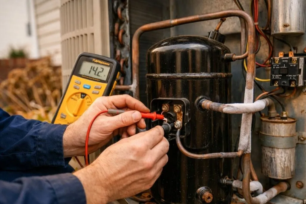 Digital meter testing an outdoor AC compressor electrical failure
