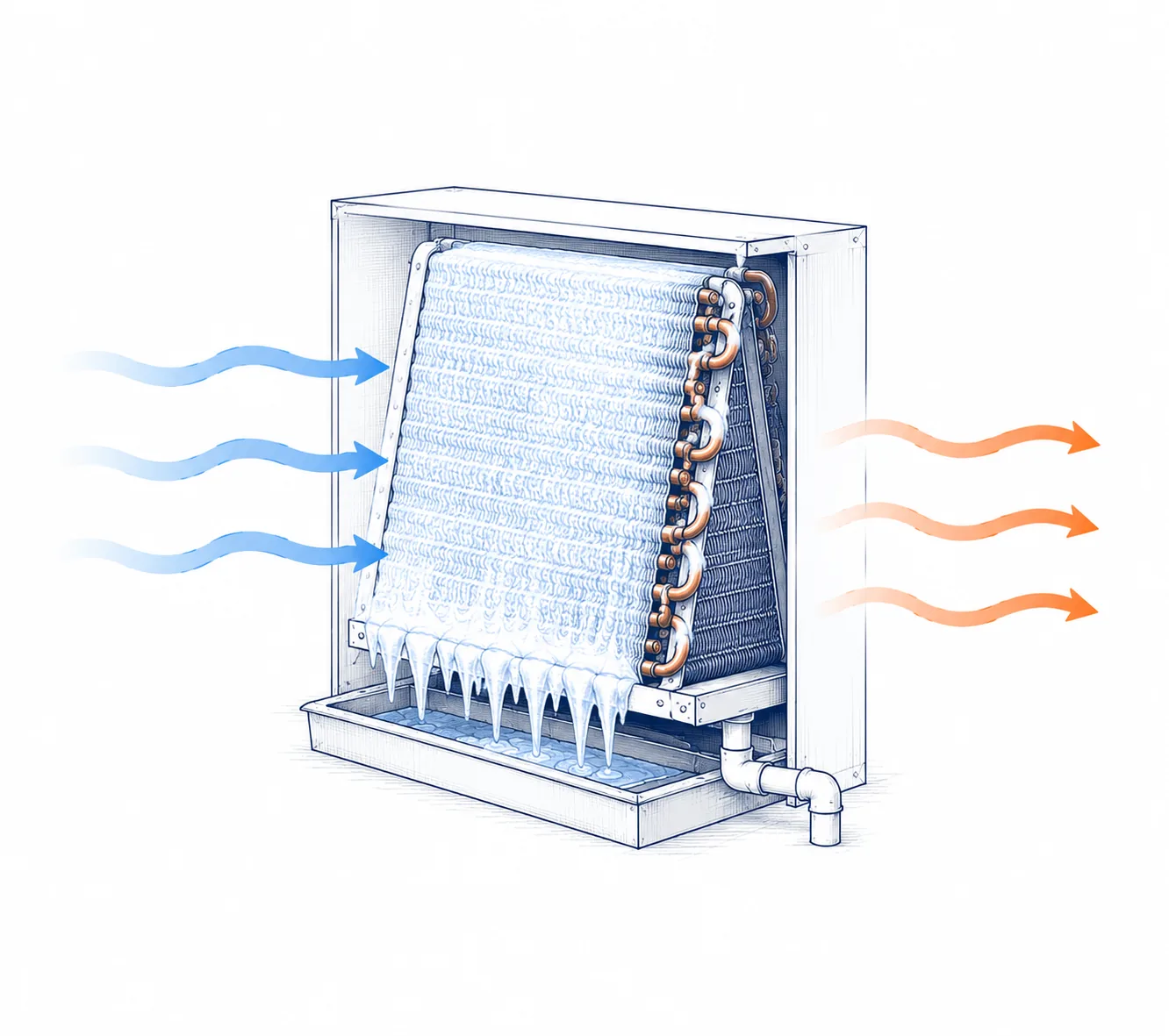 Blueprint-style educational diagram showing a frozen evaporator coil with restricted airflow, illustrating why an air conditioner can freeze when heat transfer is interrupted.