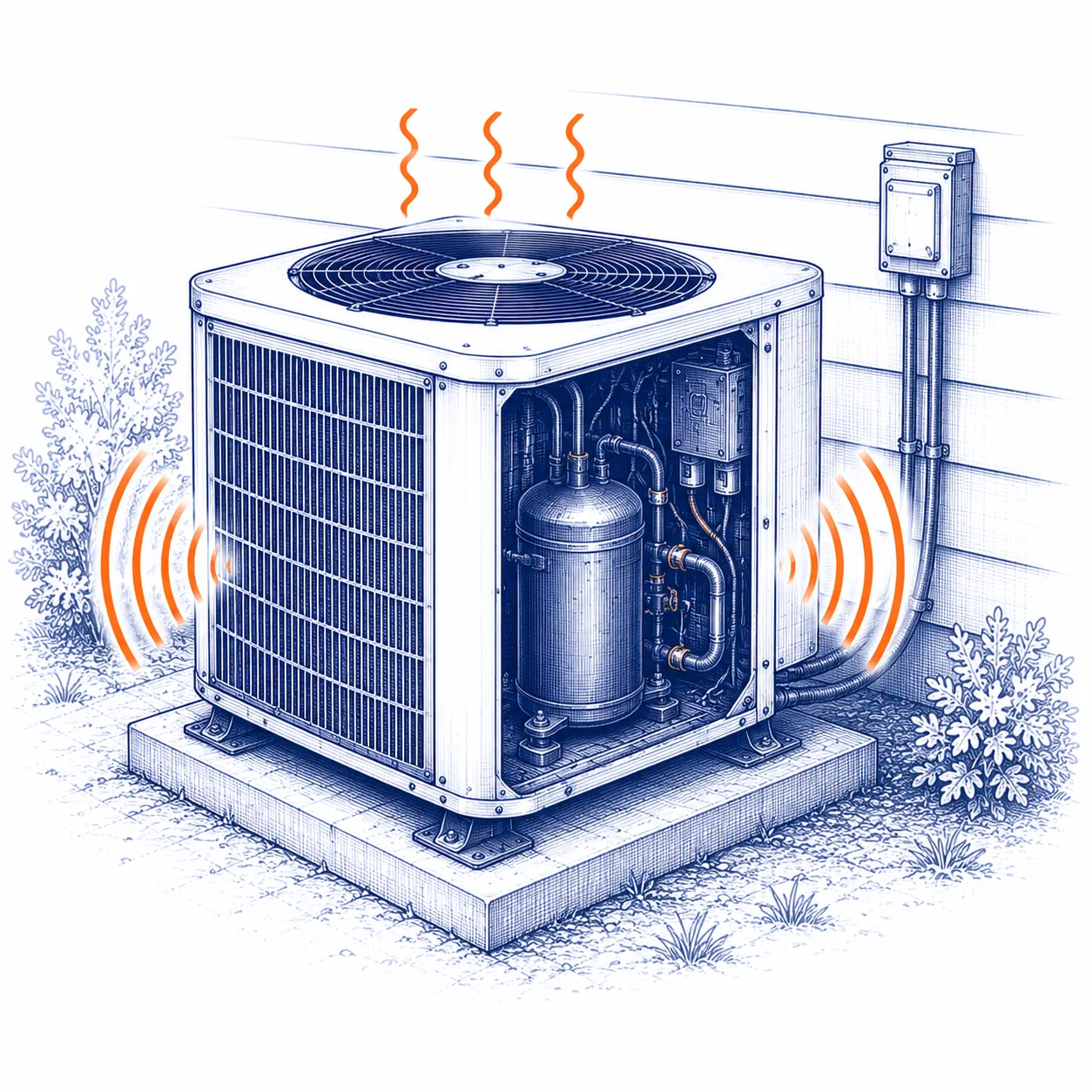 Blueprint-style educational diagram showing an outdoor air conditioner humming while the starting sequence cannot complete.