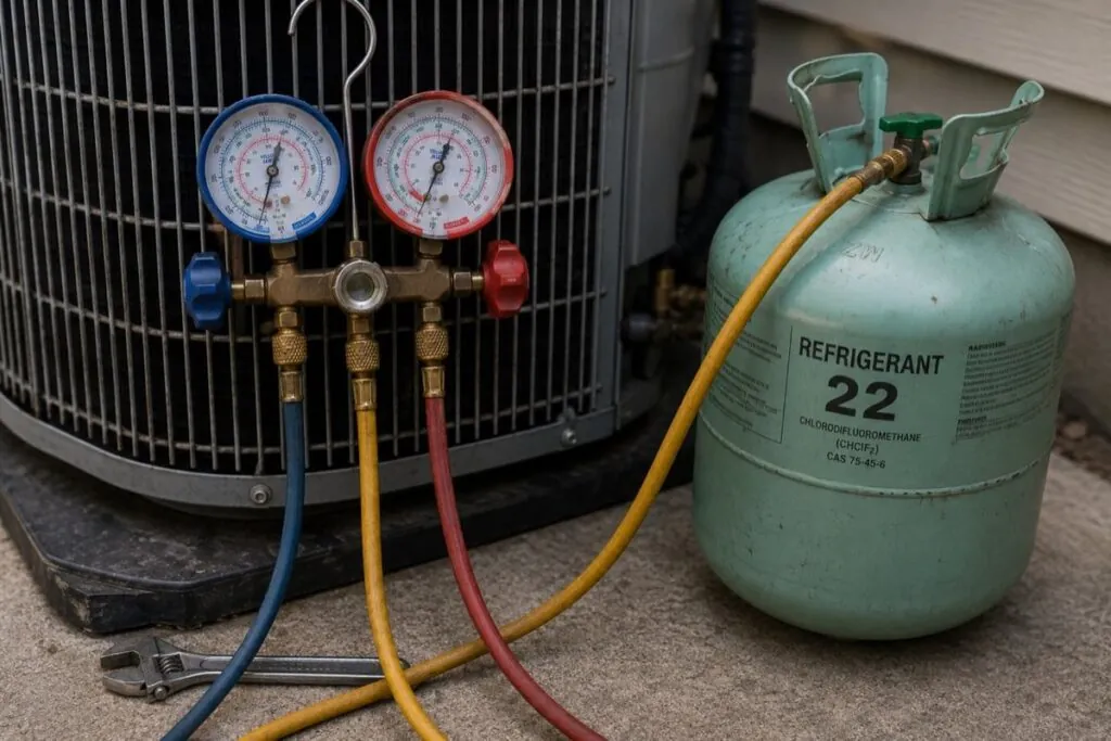 Manifold gauges connected to an outdoor air conditioner for refrigerant diagnosis