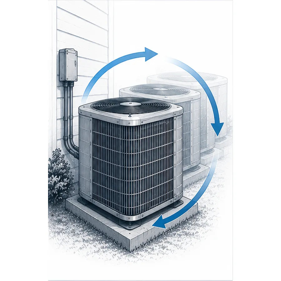 Blueprint-style educational diagram showing an outdoor air conditioner repeatedly starting and stopping before completing a normal cooling cycle.