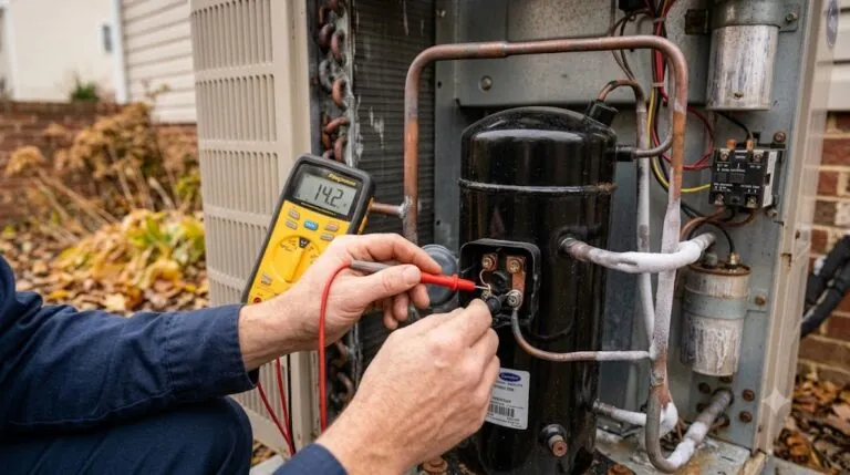 Digital multimeter testing a heat pump compressor terminal inside an outdoor unit during a BCR Works compressor diagnosis.