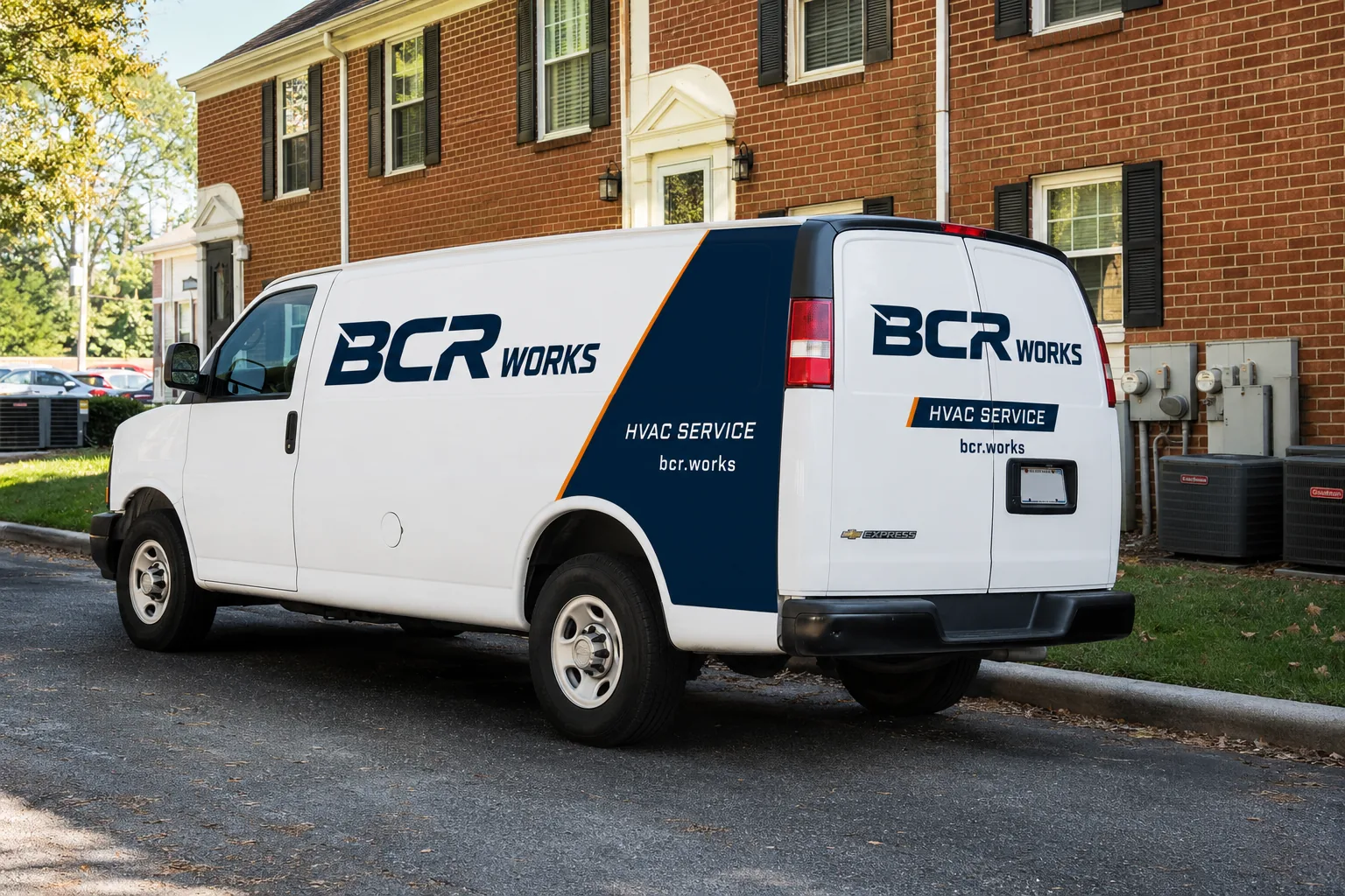 BCR Works HVAC service van parked at a managed residential property in Central Maryland.