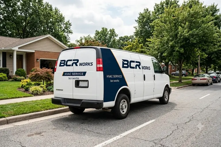BCR Works HVAC service van parked in a Central Maryland residential neighborhood.
