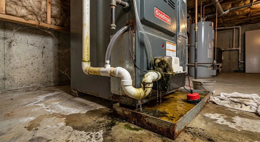 Overflowing AC condensate drain pan below a residential air handler