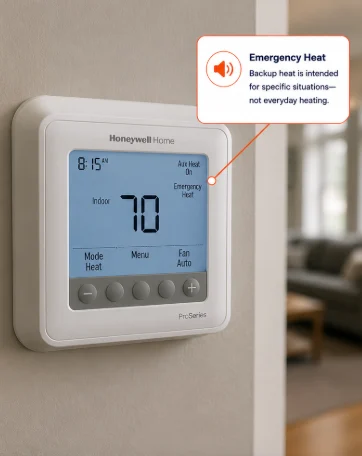 Wall thermostat displaying Emergency Heat with a callout explaining that backup heat is intended for specific situations, not everyday heating.