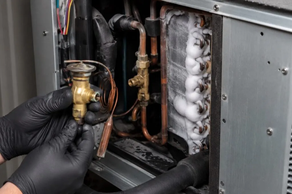 Frozen indoor evaporator coil beside a failed thermostatic expansion valve
