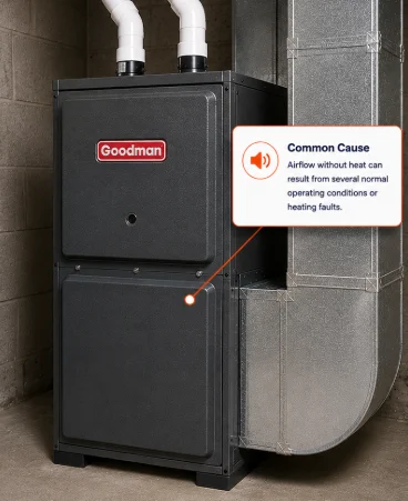 Gas furnace with a callout explaining that airflow without heat can result from several operating conditions or heating faults.
