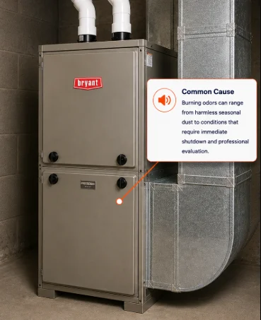 Gas furnace with a callout explaining that burning odors can range from harmless seasonal dust to conditions requiring shutdown and professional evaluation.