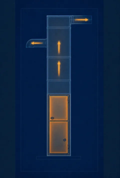 Stage 2 diagram showing a gas furnace beginning its normal heating sequence with a full-width rectangular supply trunk.