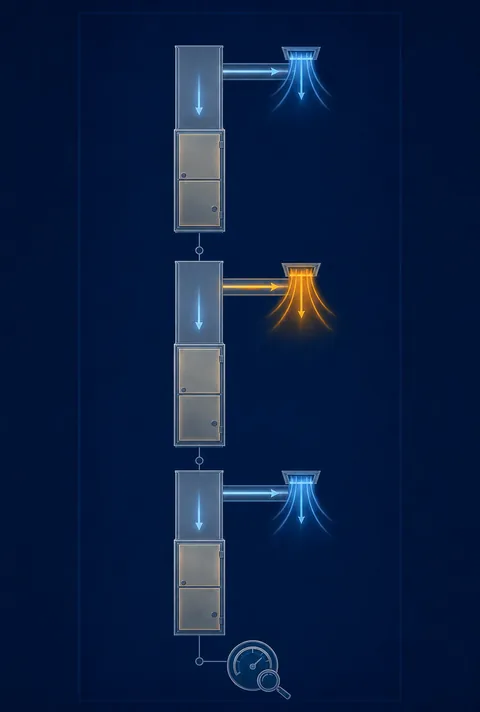 Stage 4 diagram showing how the timing of cool and warm airflow through a full-width furnace supply trunk helps guide professional diagnosis.