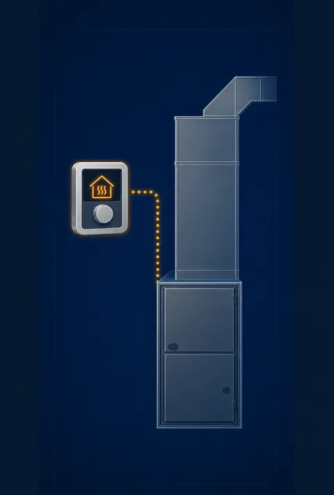 Stage 1 diagram showing a thermostat requesting heat from a residential gas furnace with a full-width supply trunk.