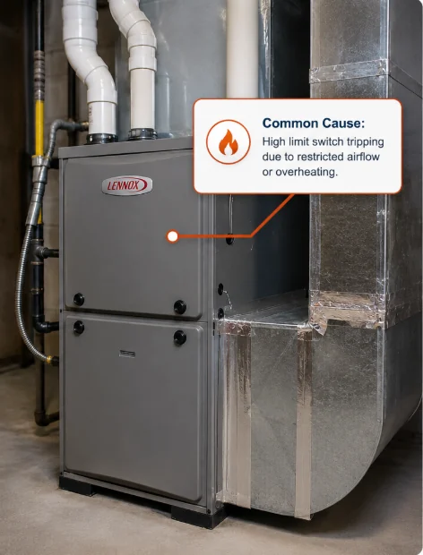 Gas furnace with a callout explaining that a high limit switch may trip because of restricted airflow or overheating.