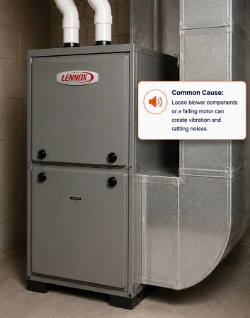 Gas furnace with a callout explaining that loose blower components or a failing motor can create vibration and rattling noises.