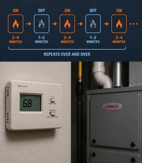 Furnace short-cycling diagram showing repeated two-to-four-minute heating runs separated by one-to-two-minute off periods, with a thermostat and furnace below.