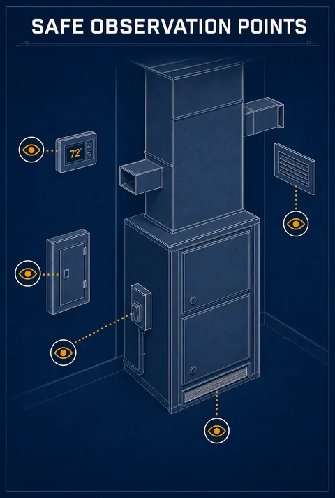 Safe homeowner observation locations around a closed heating system.