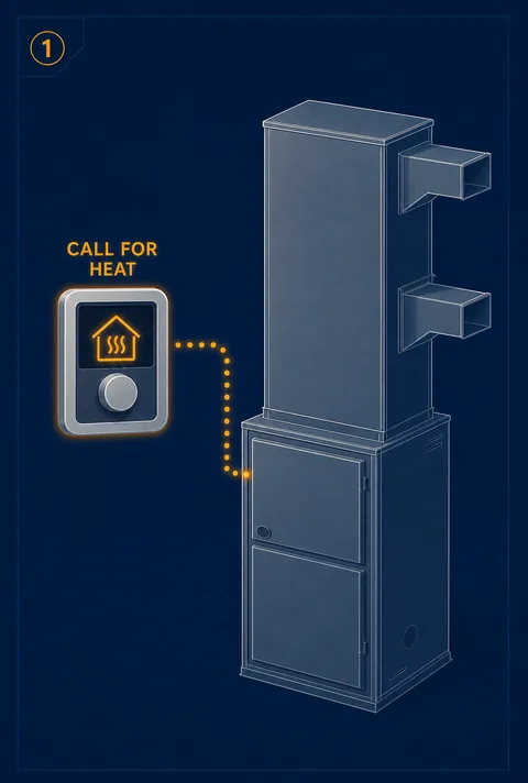 Thermostat call for heat reaching a residential furnace.