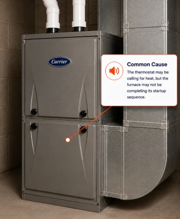 Gas furnace with a callout explaining that the thermostat may request heat while the furnace does not complete its startup sequence.