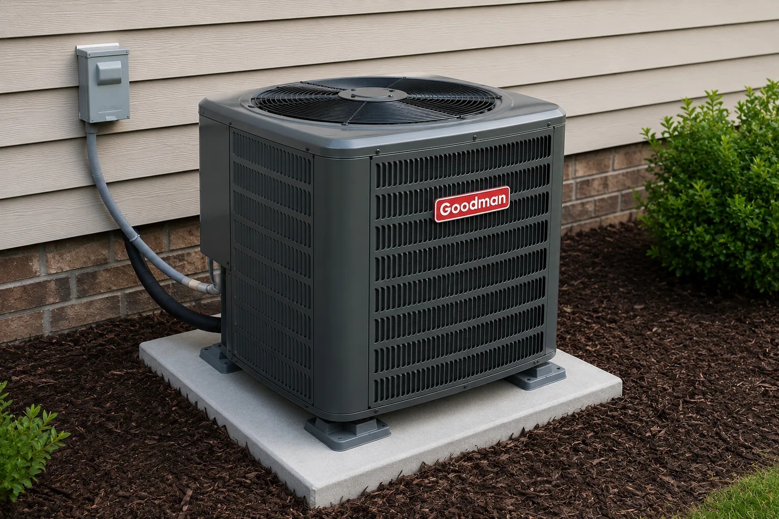 Outdoor HVAC condenser installed on a clean equipment pad with organized electrical and refrigerant line work.