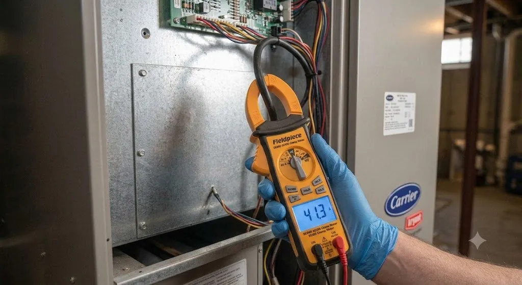Clamp meter testing auxiliary electric heat strip operation inside an open indoor air handler during a BCR Works heat pump diagnostic visit in Towson Maryland.
