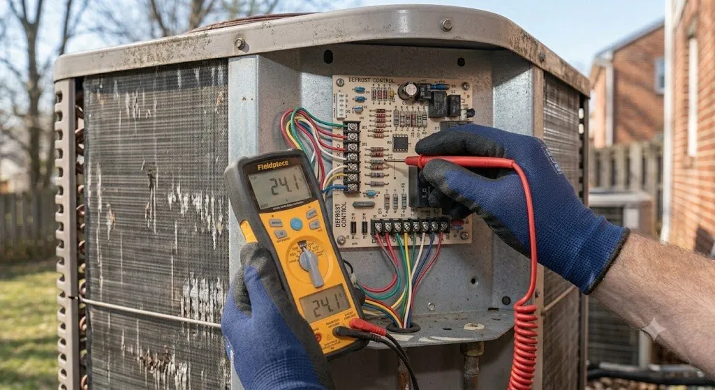 Digital multimeter testing a heat pump defrost control board inside an open outdoor access panel during a BCR Works diagnostic visit in Howard County Maryland.