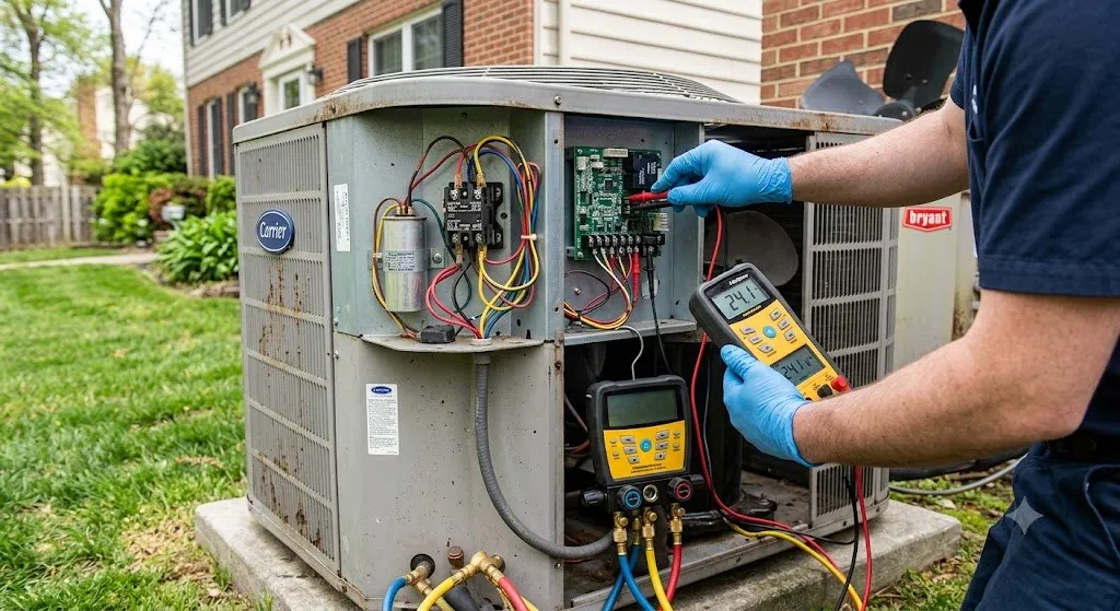 BCR Works technician performing diagnostic testing on residential HVAC equipment in Maryland