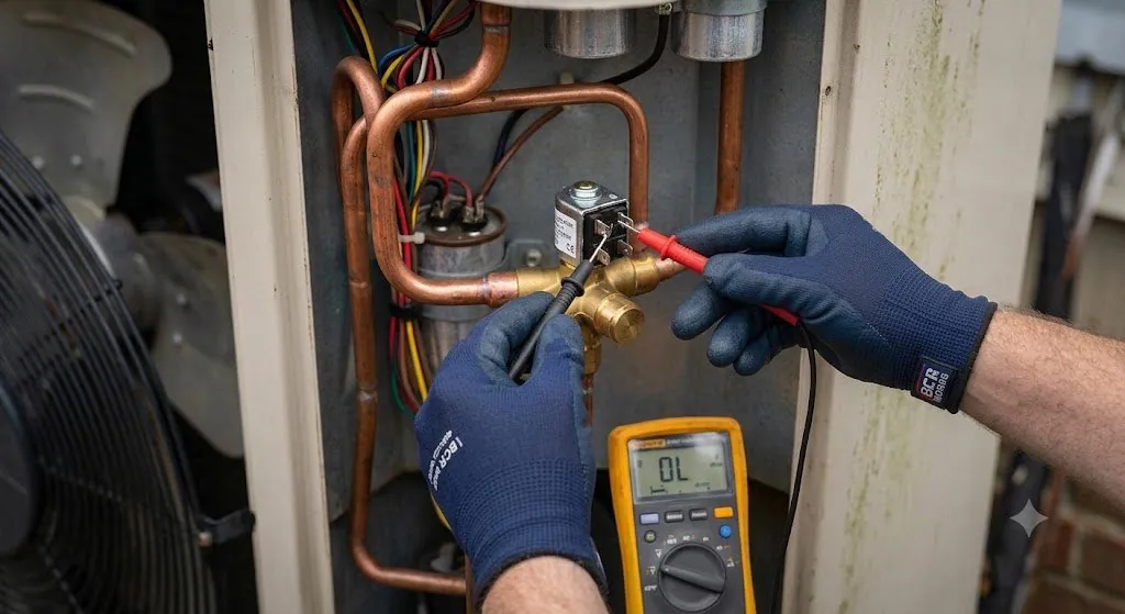 Technician testing a heat pump reversing valve solenoid with a digital multimeter in Bel Air Maryland.