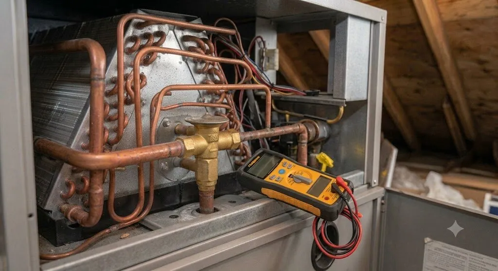Digital multimeter testing a heat pump TXV valve and coil circuit inside an open HVAC cabinet during a BCR Works diagnostic visit in Baltimore County.