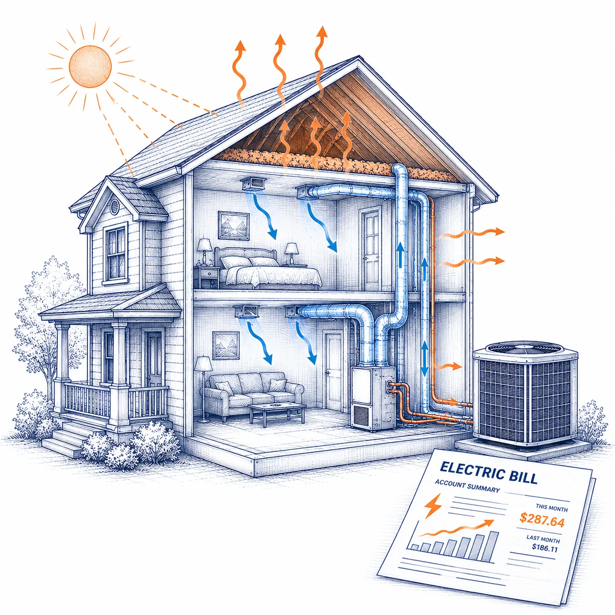 Blueprint-style educational diagram showing heat entering a home, HVAC airflow, outdoor equipment, and a rising electric bill to explain how longer system runtime can increase energy use.