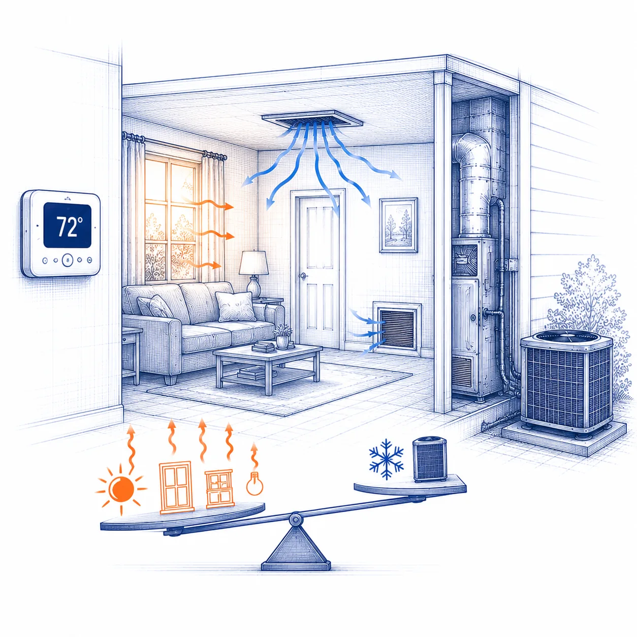 Blueprint-style educational diagram showing heat entering a home while an air conditioner removes heat, explaining why a house may not reach the thermostat setting.