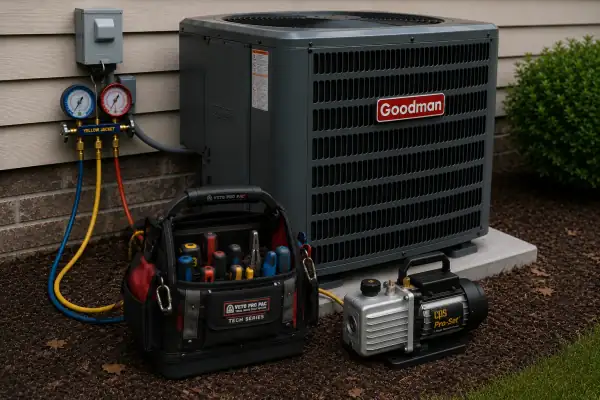 HVAC commissioning setup with manifold gauges, vacuum pump, and diagnostic tools connected to an outdoor condenser.